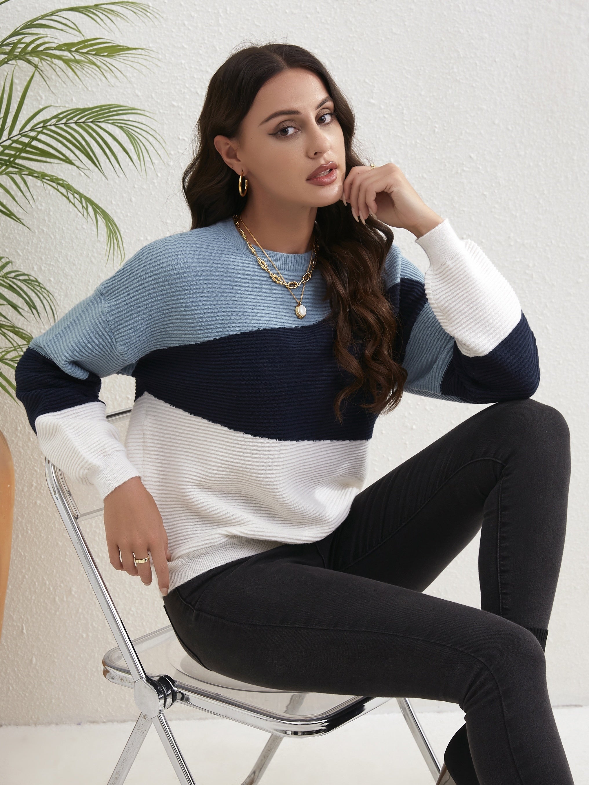 Block Pullover Sweater Long Sleeve Crew Neck Sweater