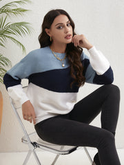 Block Pullover Sweater Long Sleeve Crew Neck Sweater