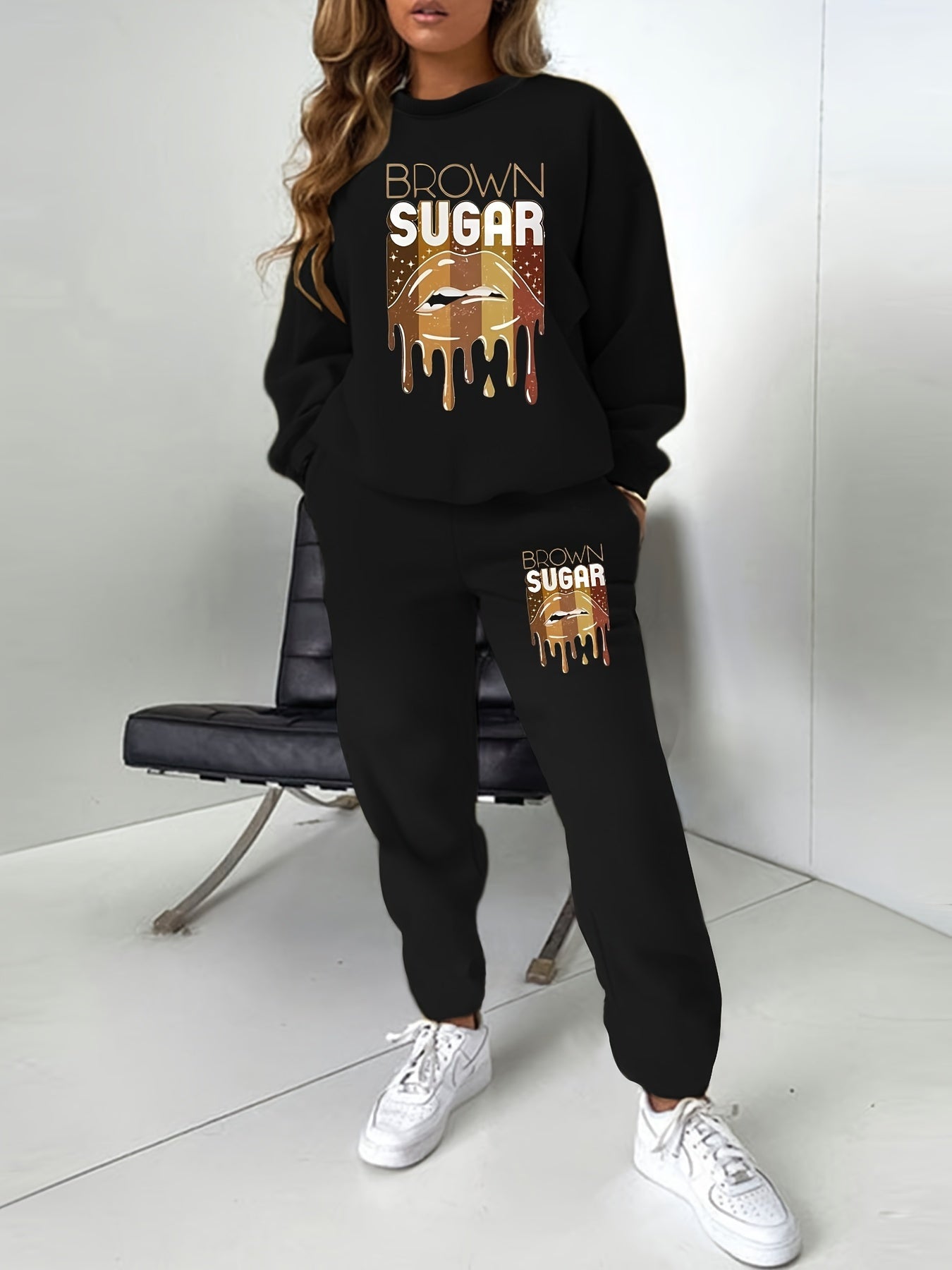 Women's Plus Letter & Lip Print Sweatshirt & Joggers Set