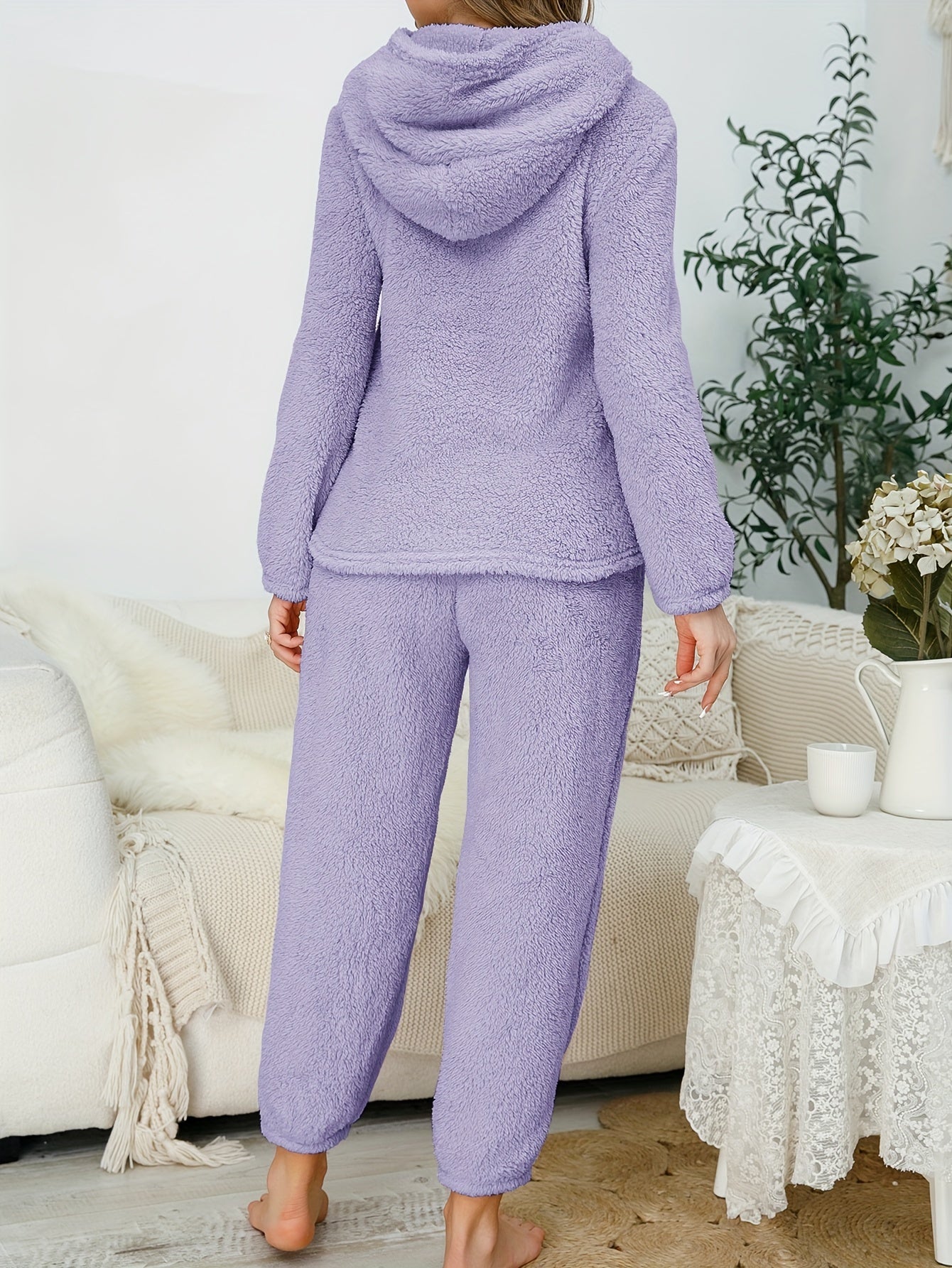 Women's Solid Flannel Pajama Set Hooded Top & Pants