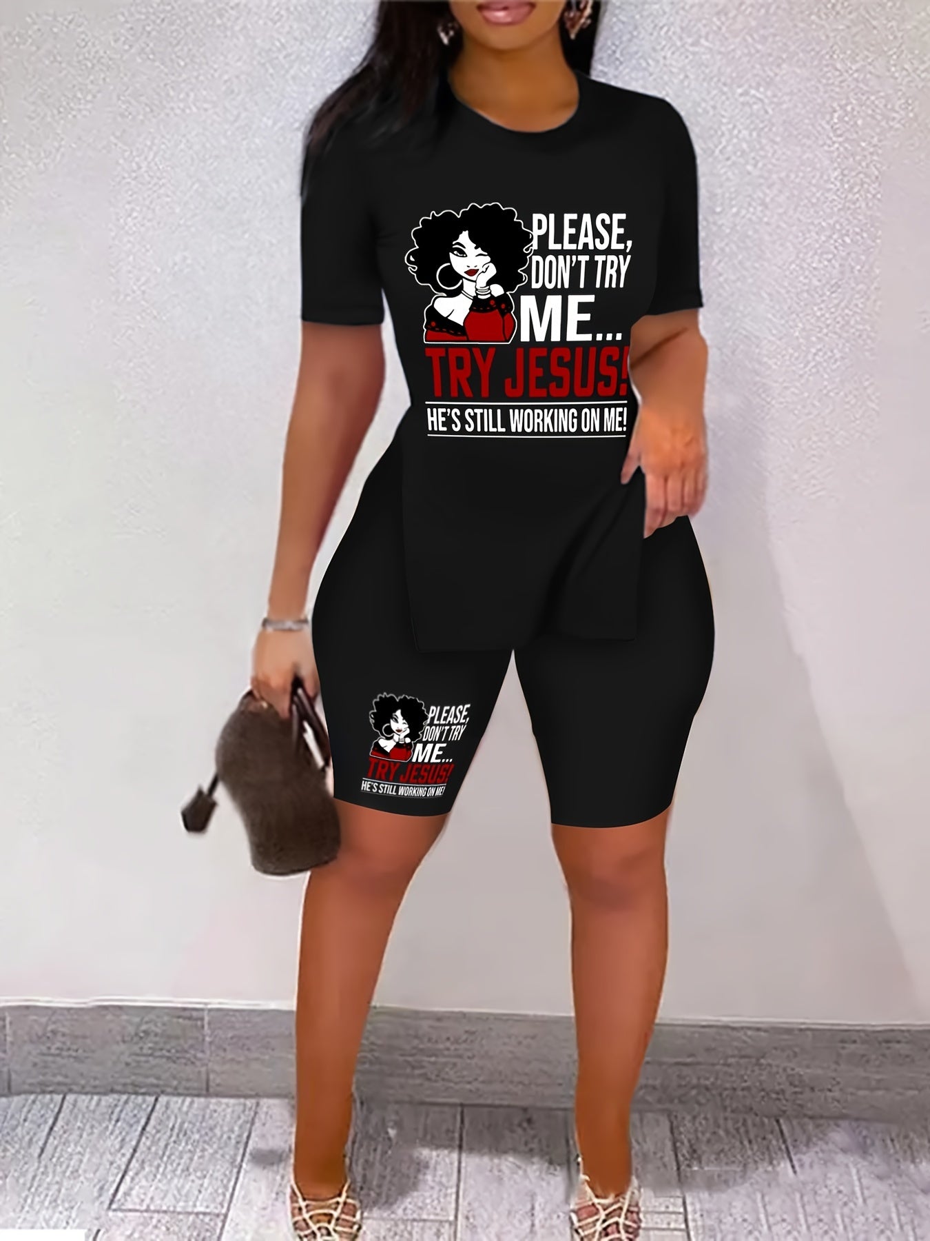 Jesus Print Two piece Set Short Sleeve Casual T Shirt & Shorts