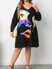Colorblock Abstract Figure Print Long Sleeve V Neck Dress