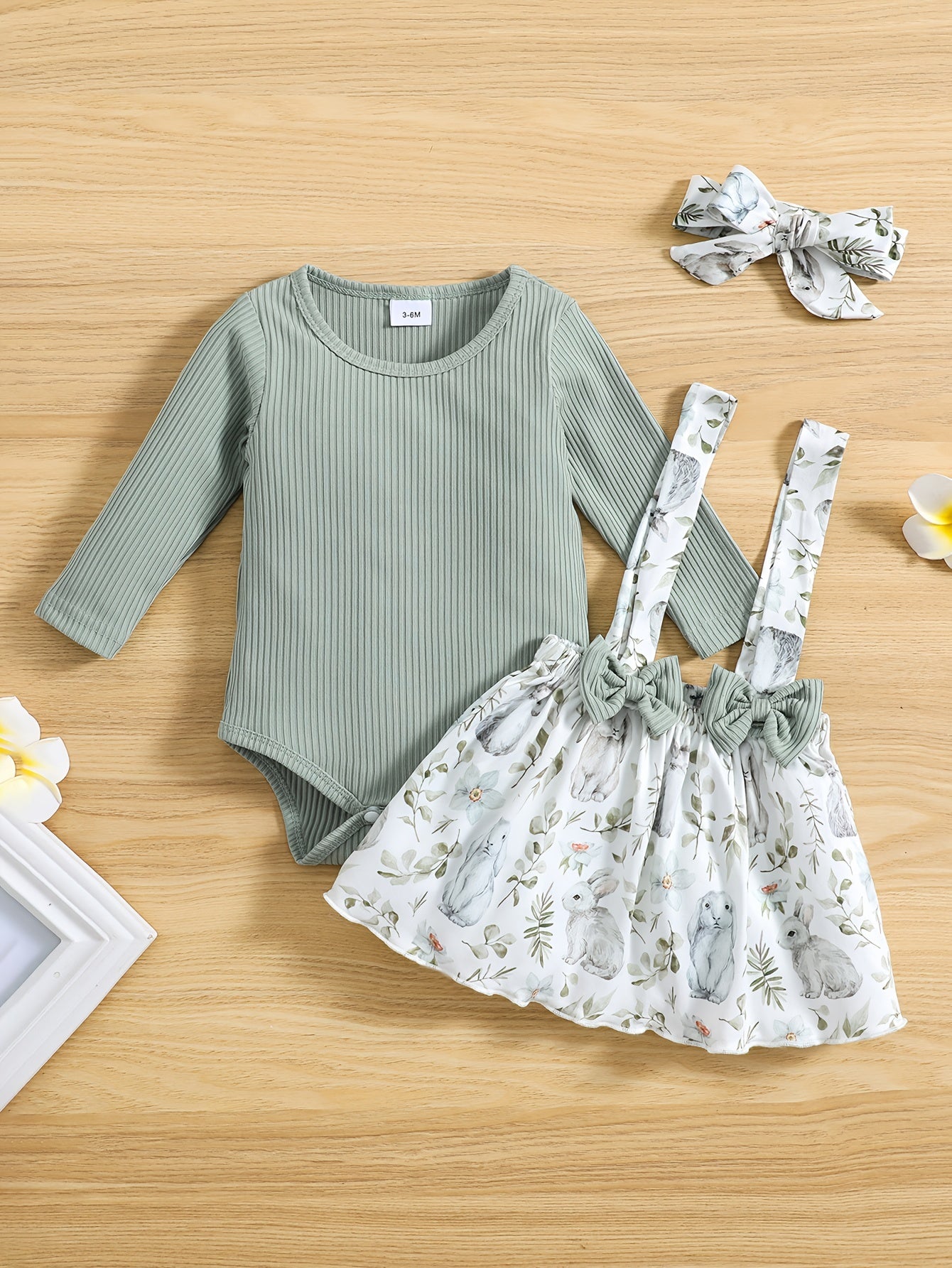 Baby Girls Long Sleeve Romper & Rabbit Print Bib Pants Outfit
