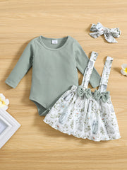 Baby Girls Long Sleeve Romper & Rabbit Print Bib Pants Outfit