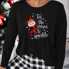 Women's Plus Size Plaid Snowman & Slogan Print Long Sleeve Lounge Top