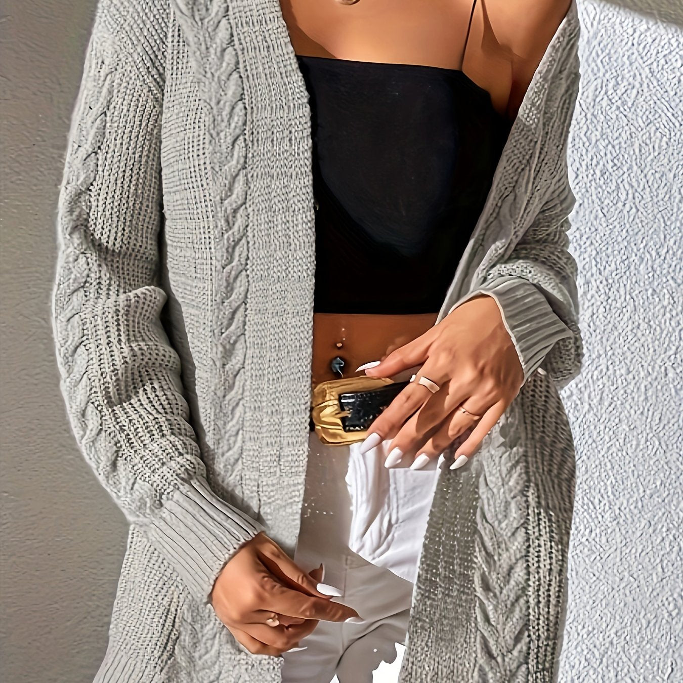 Retro Cardigan Solid Cable Knit Long Sleeve Open Front Cardigan