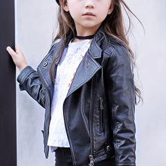 Girls Diagonal Zipper PU Leather Motorcycle Jacket