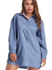 Solid Denim Shirt Dress Women's Loose Fit Casual Dress