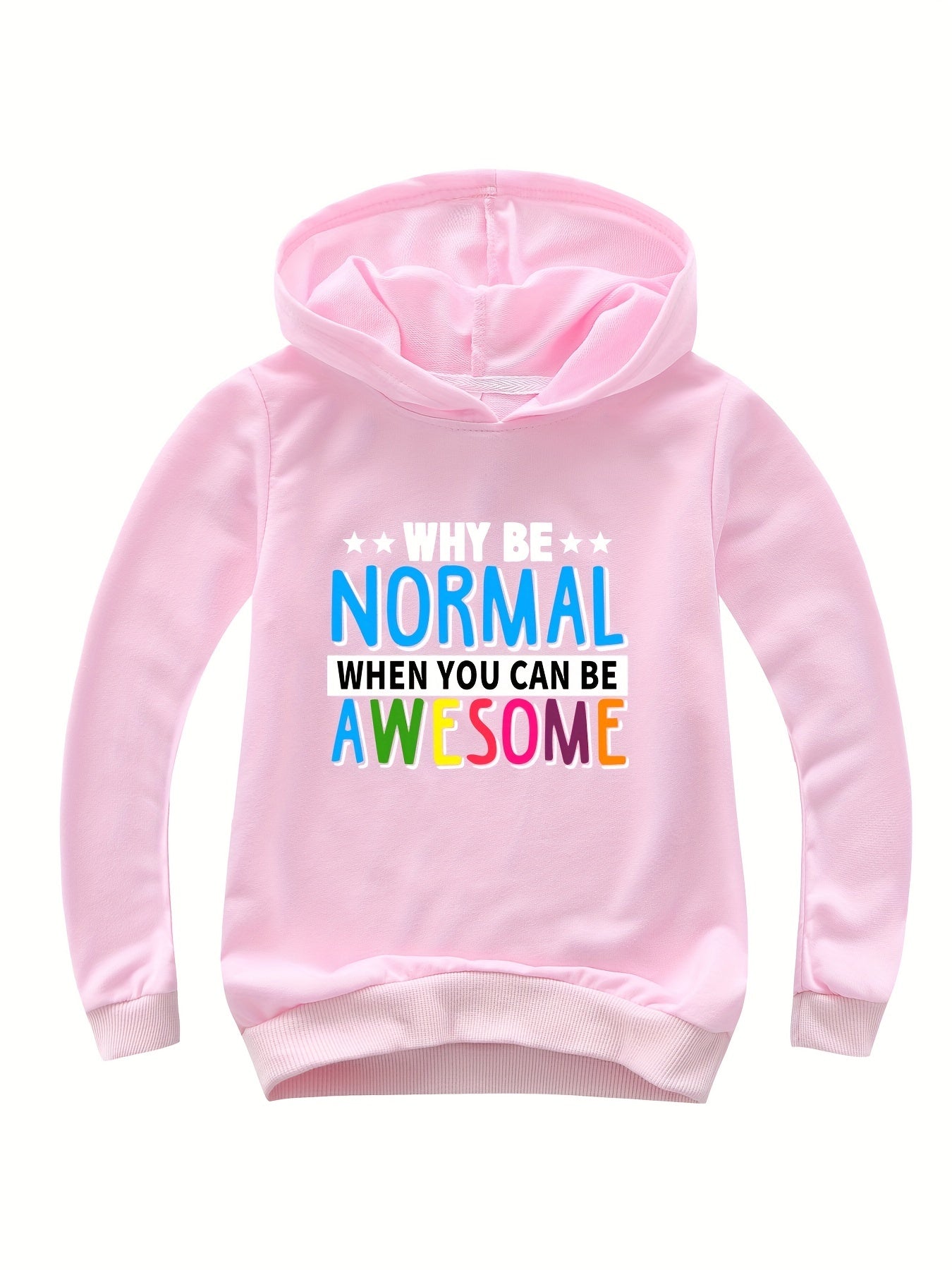 WHY BE NORMAL Letter Print Boys Casual Pullover Hooded Long Sleeve Sweatshirt