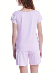 Solid Lounge Set Crew Neck Top & Lace Up Shorts Women's Loungewear