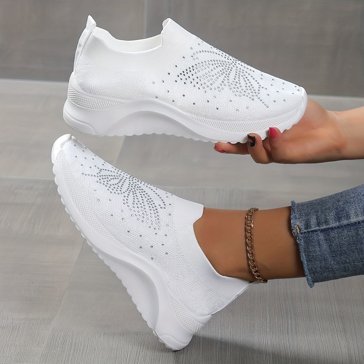Rhinestone Platform Sneakers Slip-On Breathable Knit Shoes
