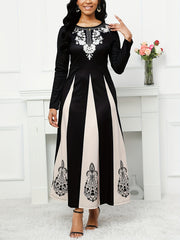 Block Maxi Dress Crew Neck Long Sleeve Dress Women's Clothing