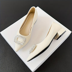 Women's Rhinestone Decor Slip On Low Point Toe Block Heel Glitter Shoes
