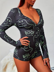 Halloween Ghost Print Pajama Romper Long Sleeve V Neck Buttons Pajamas