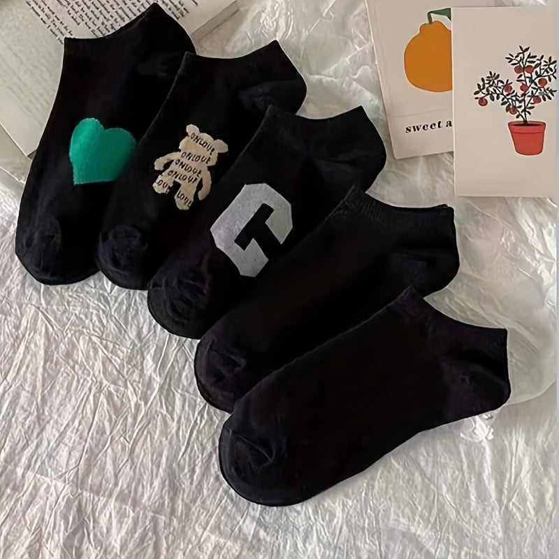 5 Pairs Heart & Bear Print Low Cut Ankle Socks Women's Stockings