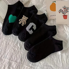 5 Pairs Heart & Bear Print Low Cut Ankle Socks Women's Stockings