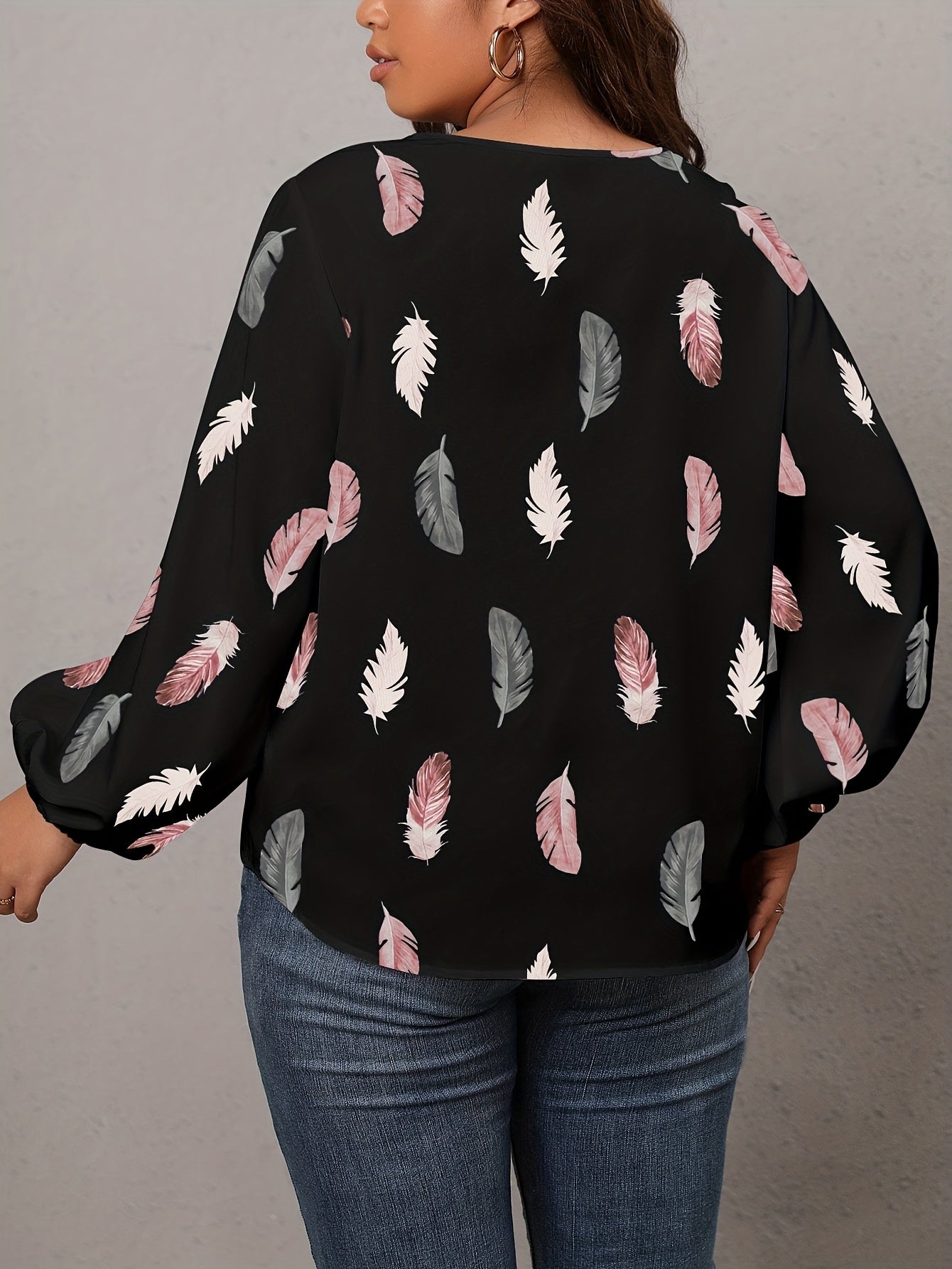 Feather Print Lace Sleeve V Neck Top