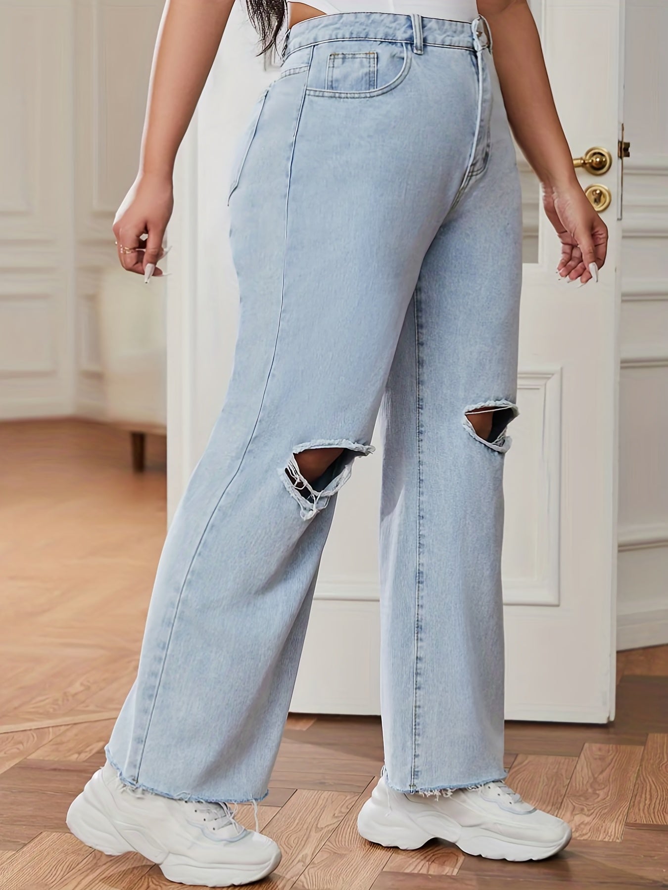 Solid Button Fly Ripped Fringe Wide Leg Jeans