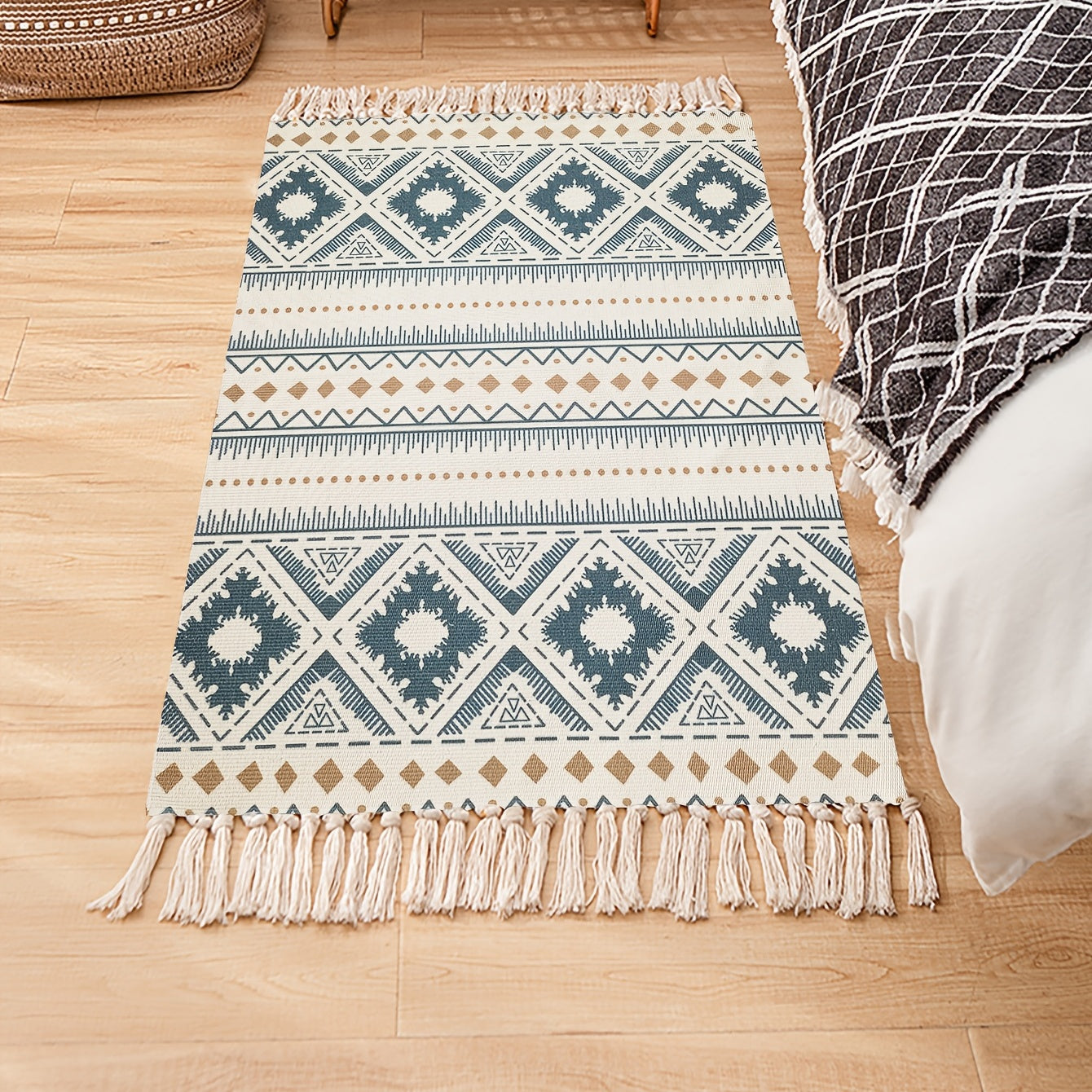 Boho Handwoven Linen Area Rug With Tassels Absorbent Bath Rug