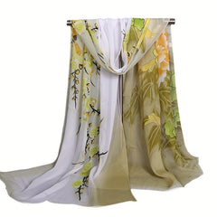 Chiffon Flower Print Gradient Long Scarf