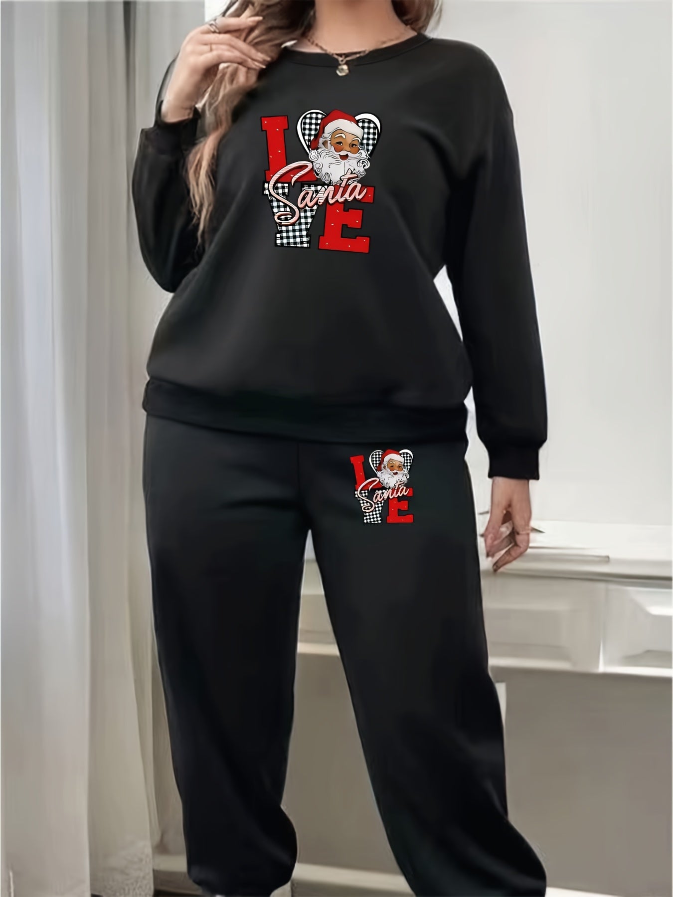 Santa Claus & Plaid Fleece Top & Joggers 2 Piece Set