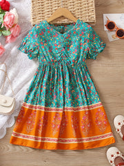 Girls Ruched V neck Short Sleeve Vintage Dress For Party Vacation Outfit