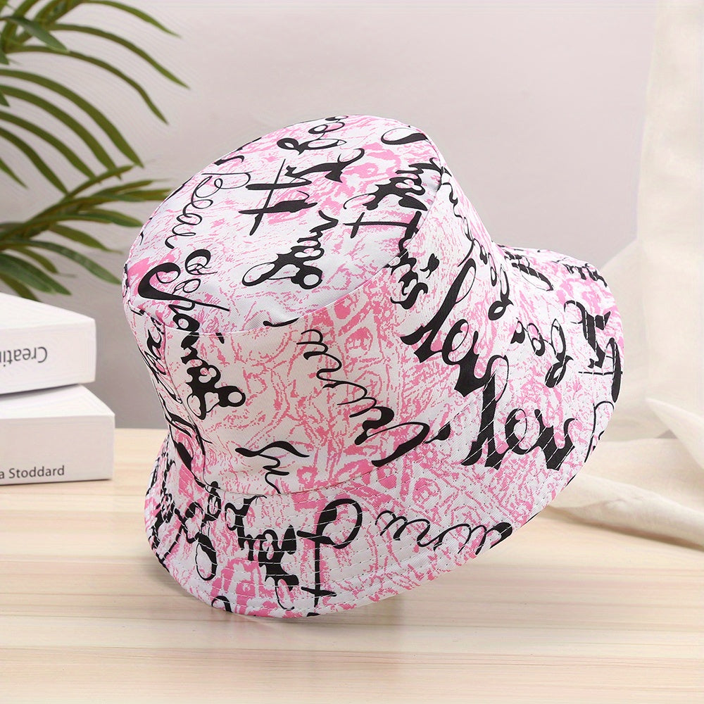 Letter Graffiti Print Bucket Hat Reversible Fisherman Cap