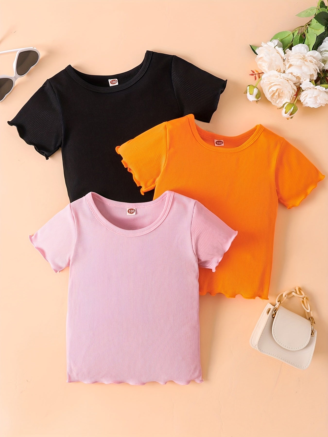 Baby Girls Ruffle Trim T Shirt Short Sleeve Blouse Crew Neck Blouse