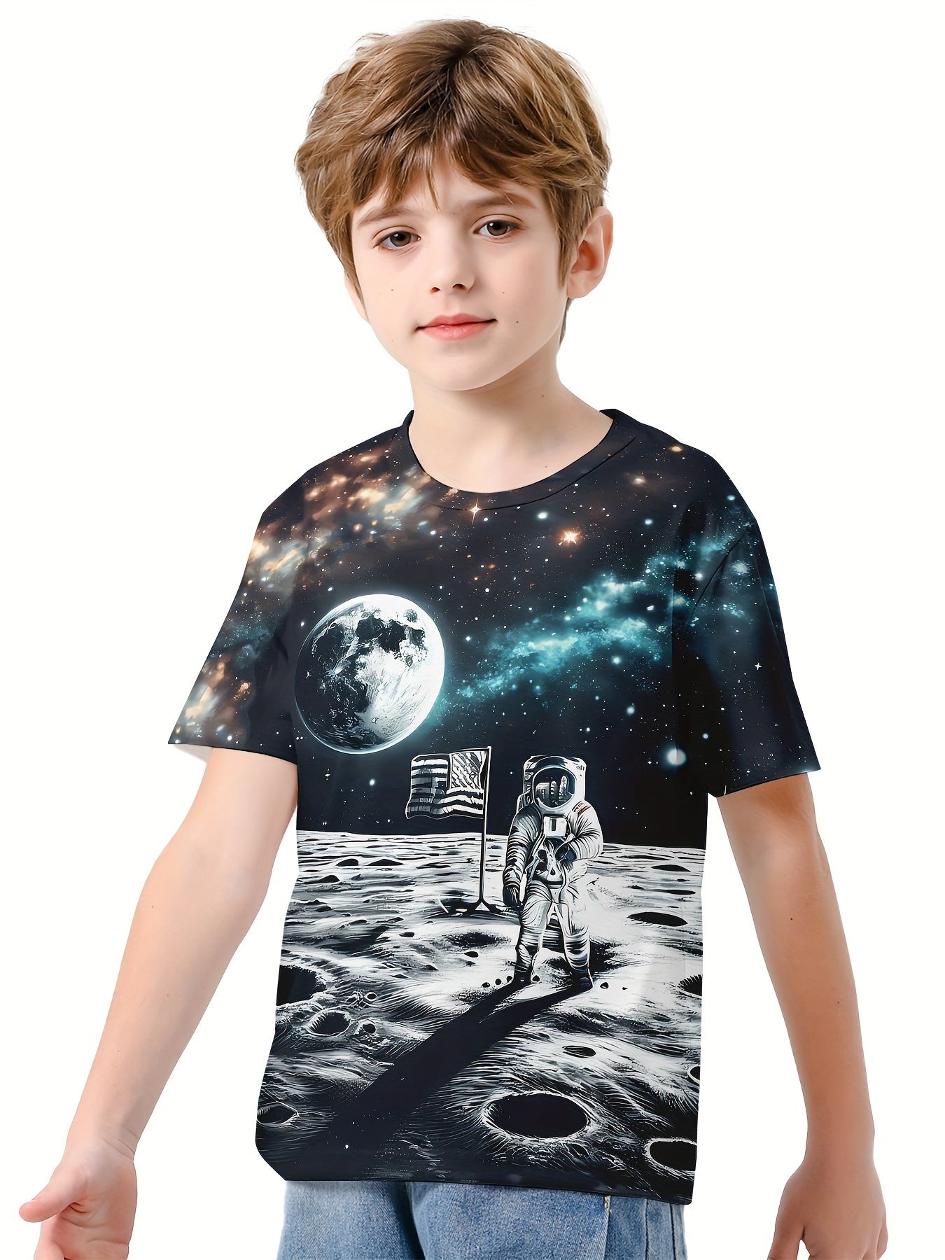Astronaut on Moon 3D Print Boy's Casual Tees Short Sleeve