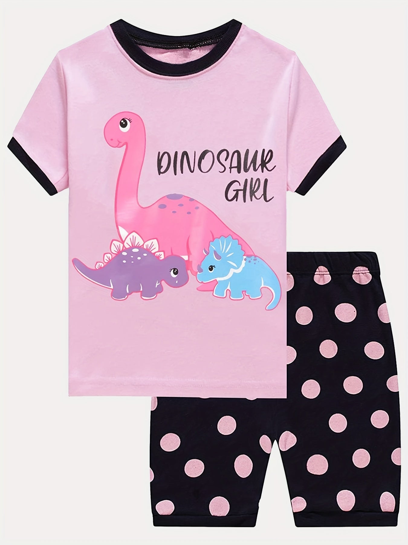 Toddler Girls Dino Pajama Set - T Shirt Top & Polka Dot Shorts