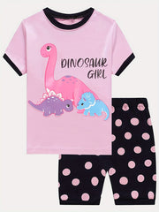 Toddler Girls Dino Pajama Set - T Shirt Top & Polka Dot Shorts