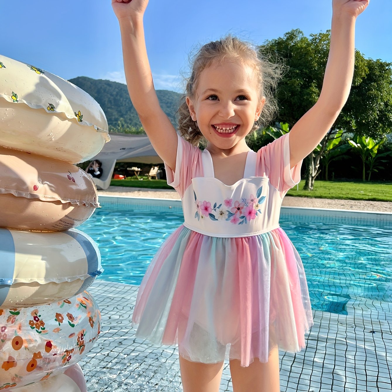 Hanfu Style Flower Graphic 1-Piece Bathing Suit for Girls