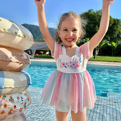 Hanfu Style Flower Graphic 1-Piece Bathing Suit for Girls