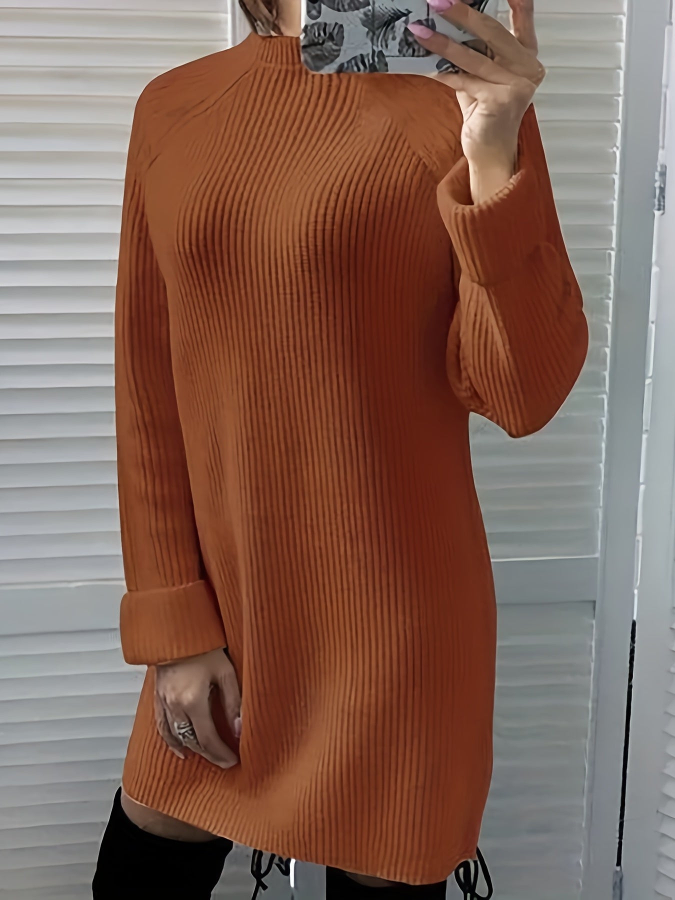 Plus Size Casual Sweater Dress Women's Plus Ribbed Knit Mock Neck