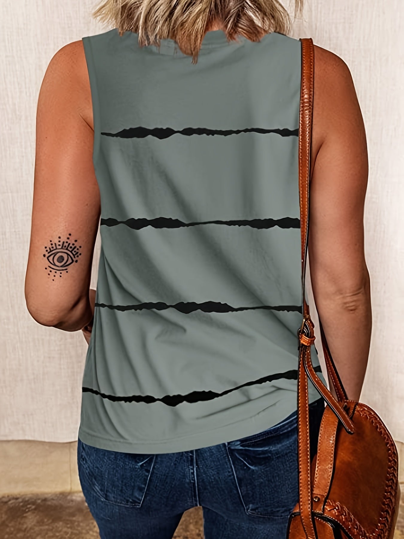 Casual Tank Top Women's Plus Stripe Print Round Neck Slight Stretch