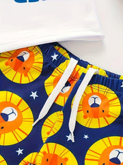 2pcs Boy's Lion Pattern Swimsuit Set Stretchy Bathing Suit
