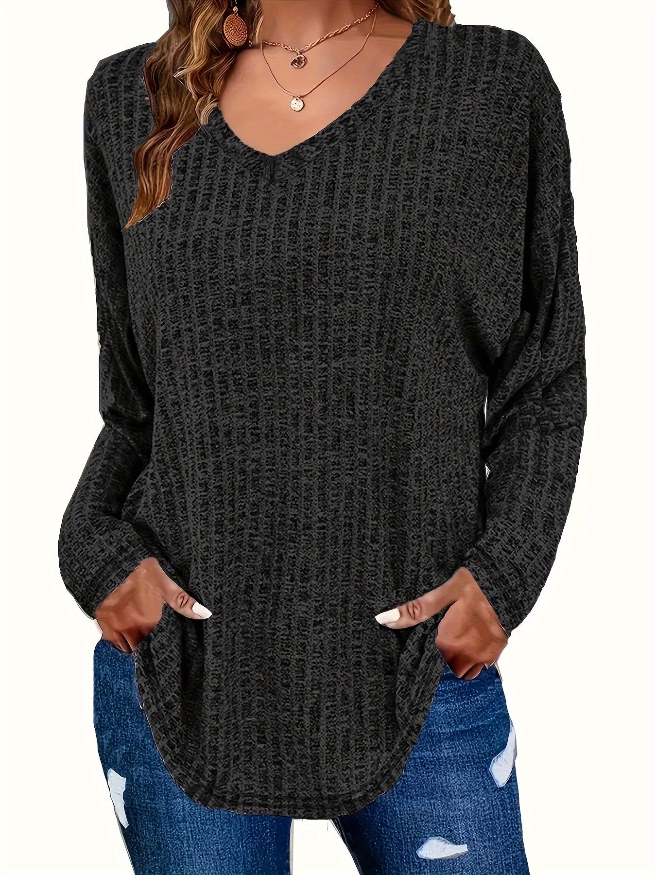 Casual Knit Top Women's Plus Solid Ribbed Long Sleeve V Neck Tunic Top
