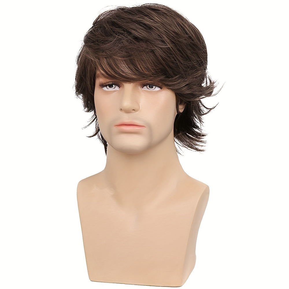 Men's Long Curly Wig Dark Brown Synthetic Fiber Hair Handsome