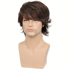 Men's Long Curly Wig Dark Brown Synthetic Fiber Hair Handsome