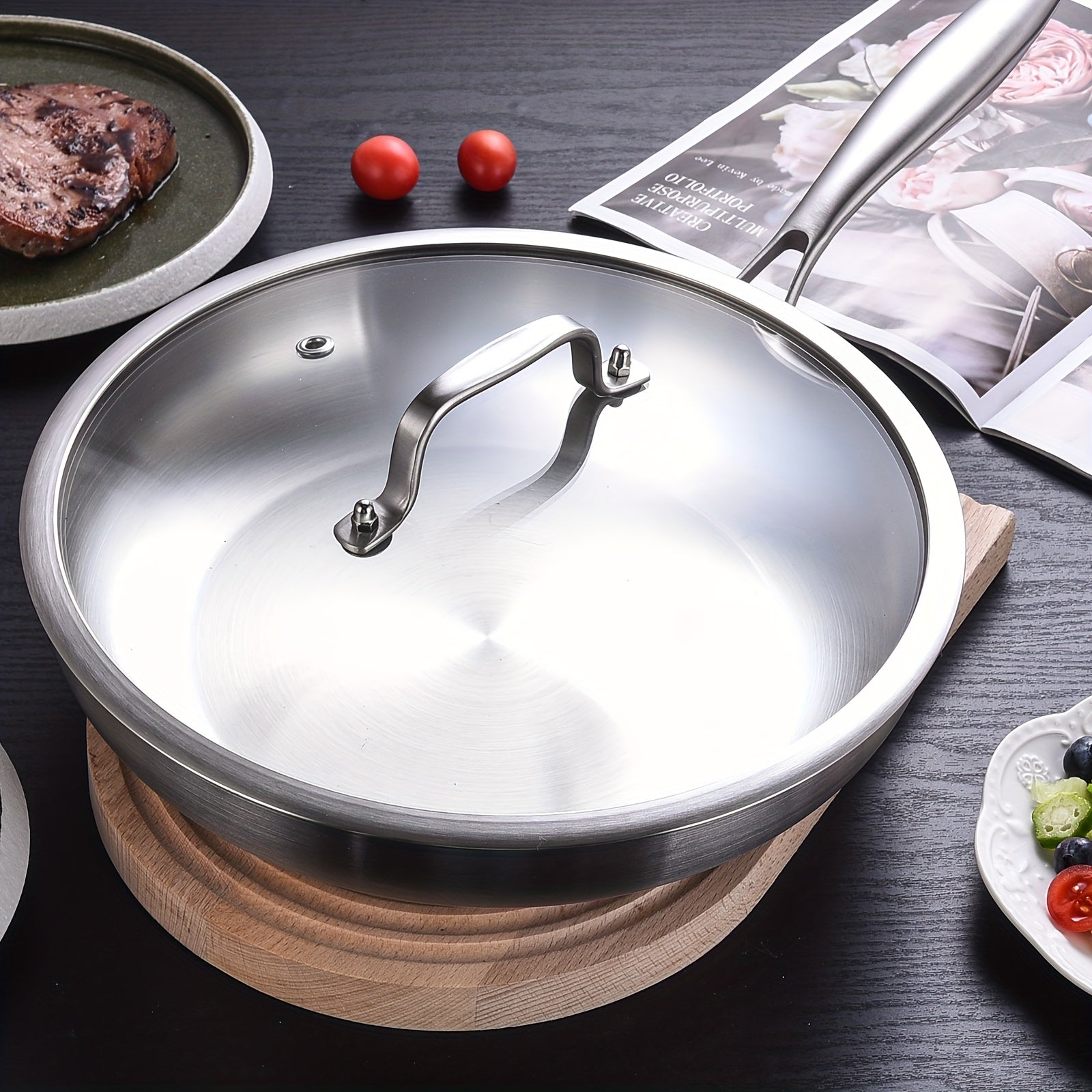 3 Layer Stainless Steel Frying Pan with Lid - Induction Gas Stove Steaks