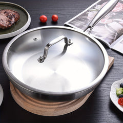 3 Layer Stainless Steel Frying Pan with Lid - Induction Gas Stove Steaks