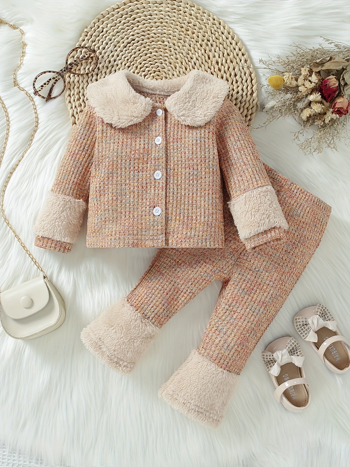 Baby Girls Colorful Cardigan & Pants Set with Furry Cuffs - Fall Winter