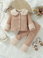 Baby Girls Colorful Cardigan & Pants Set with Furry Cuffs - Fall Winter