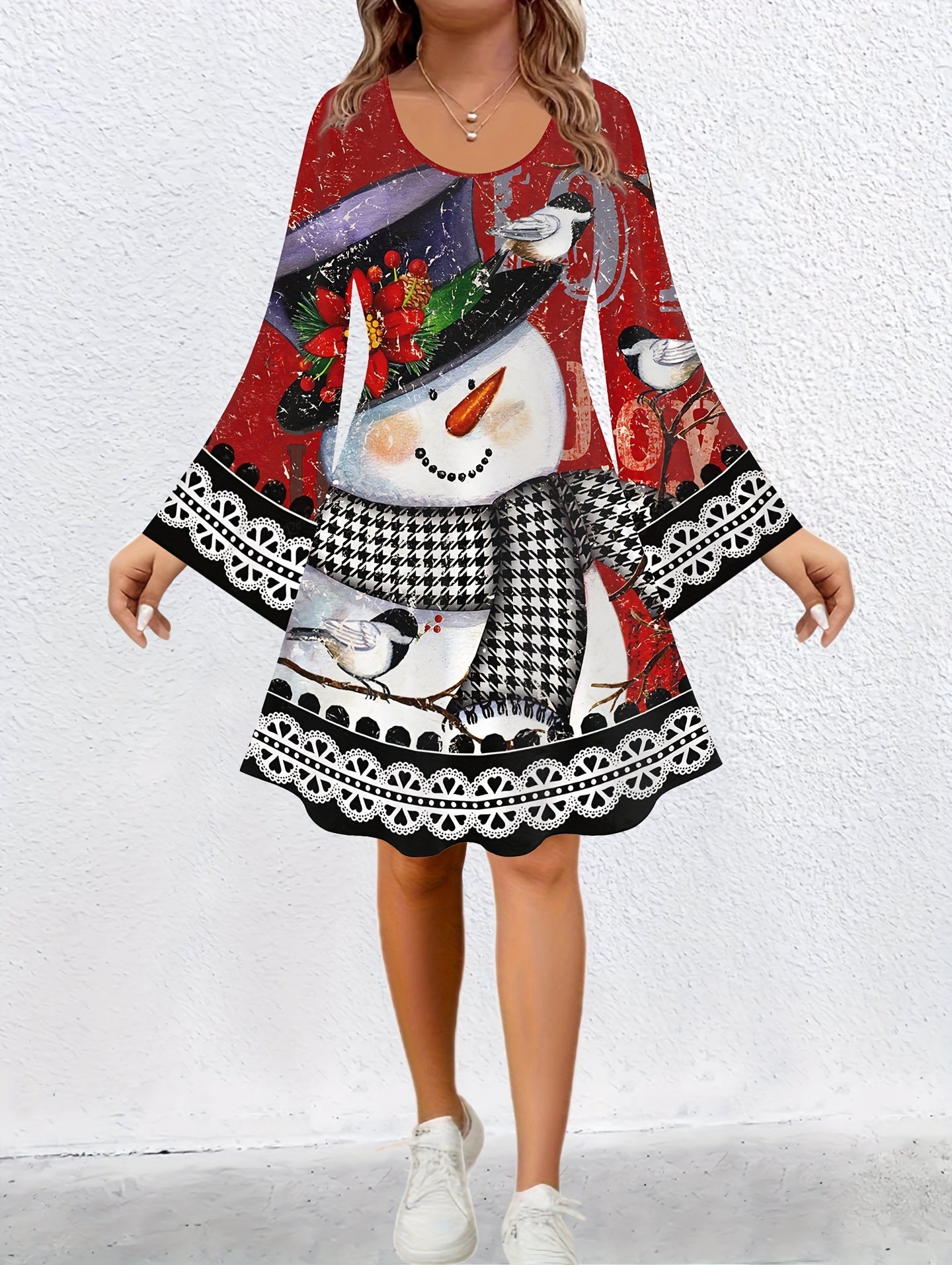 Colorblock Snowman Print Long Sleeve Dress