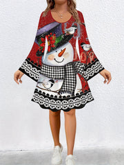 Colorblock Snowman Print Long Sleeve Dress