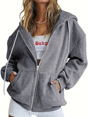 Solid Zip Up Hoodie Casual Long Sleeve Drawstring Hoodies Sweatshirt