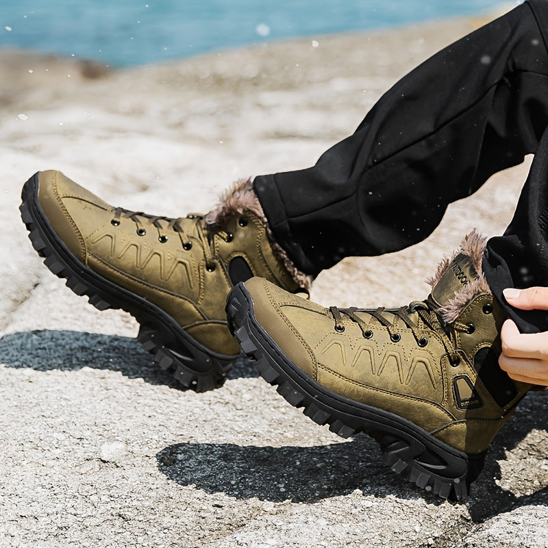 Men's Leather Snow Boots Warm Fleece Anti-Skid Hiking Winter Boots