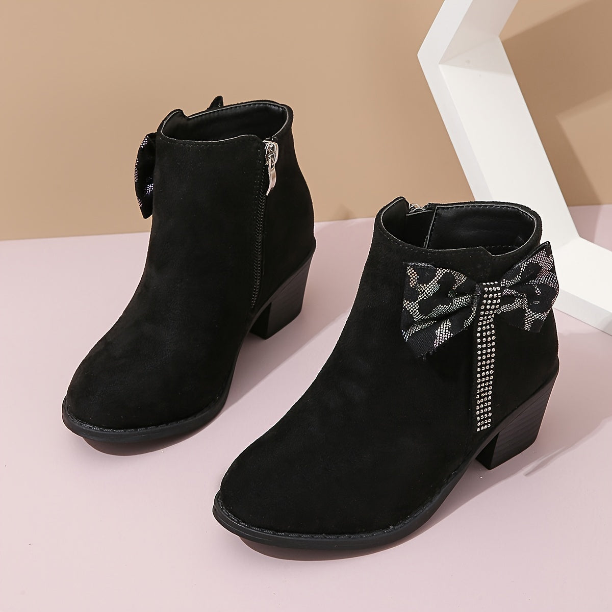 Girls' Rhinestone Bowknot Boots with Zipper