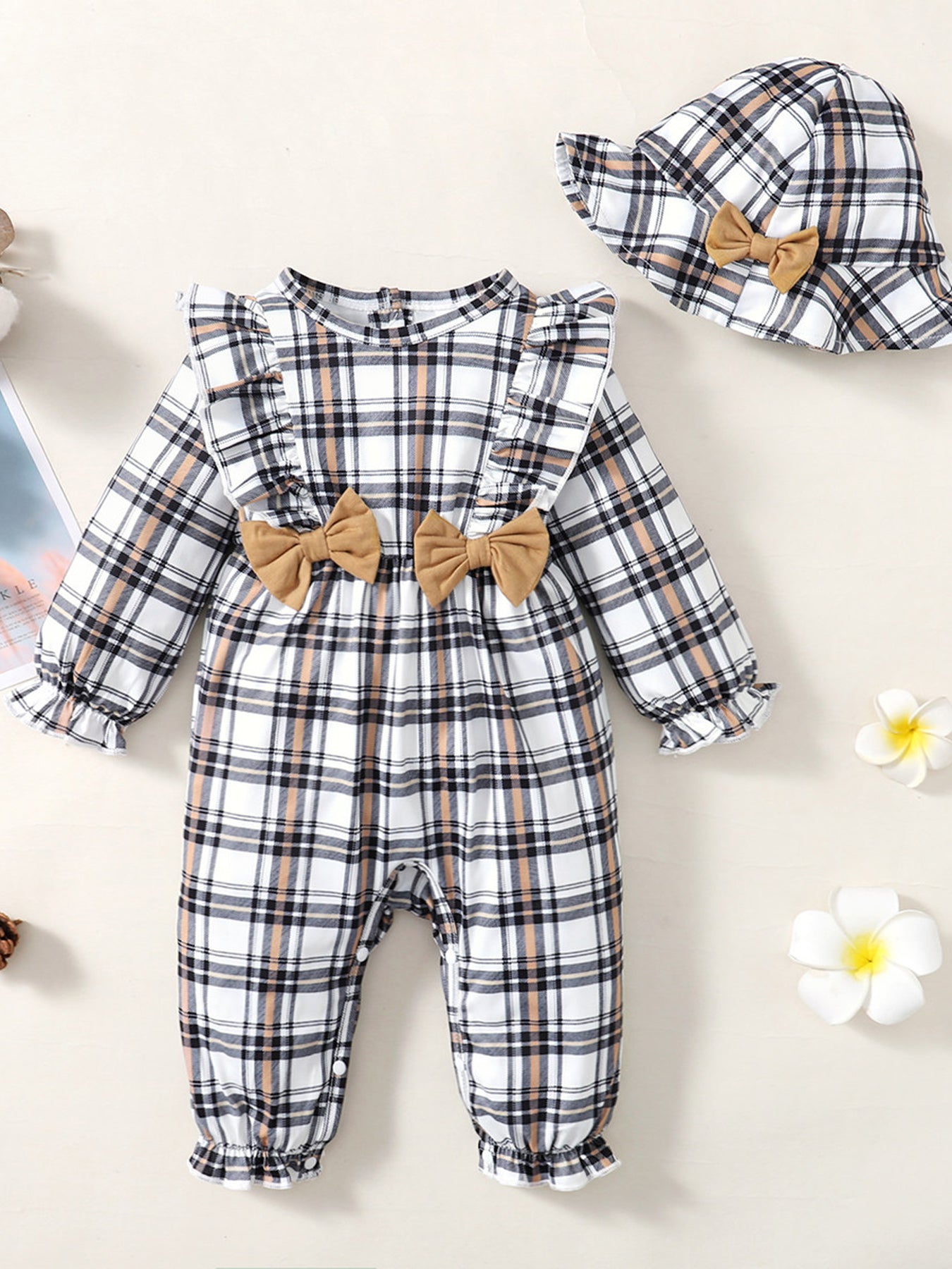 Christmas Baby Plaid Bowknot Jumpsuit & Hat Set