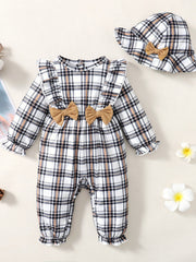 Christmas Baby Plaid Bowknot Jumpsuit & Hat Set